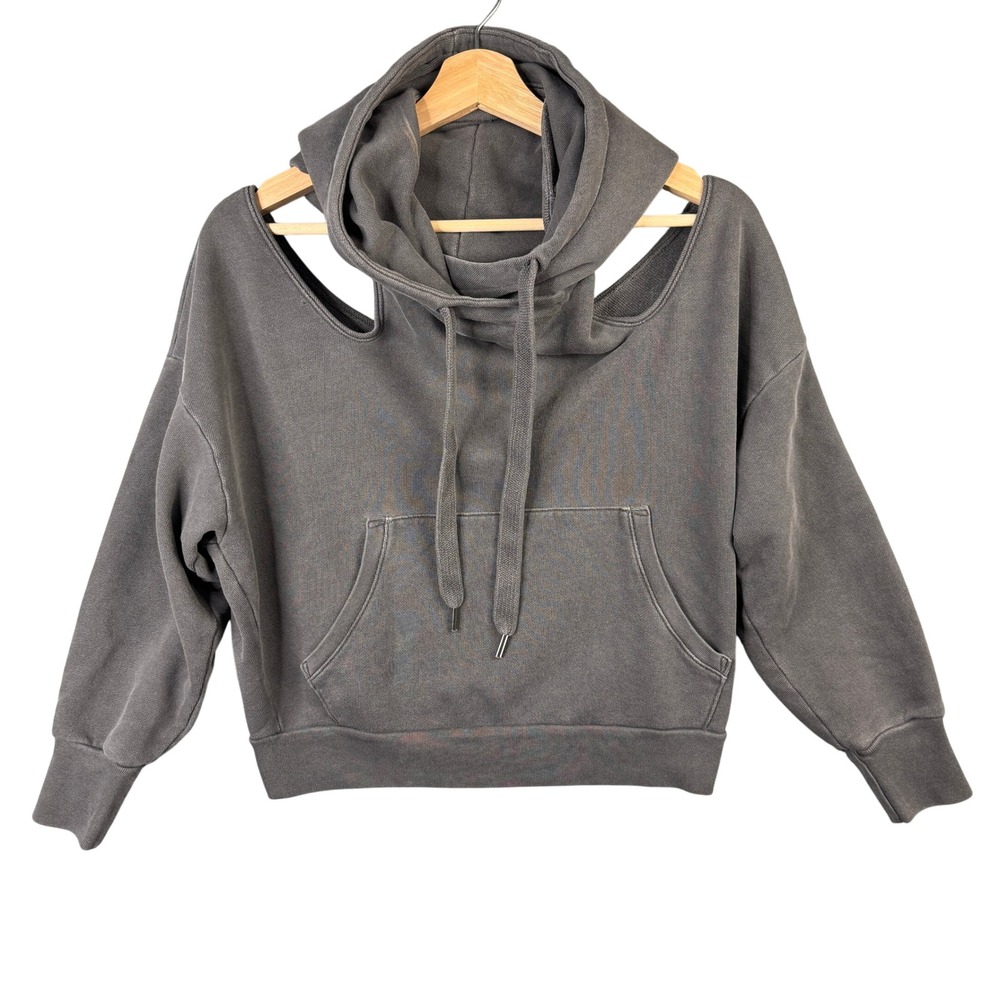 NSF Cutout Shoulder Cropped Hoodie Charcoal Gray 100% Cotton Womens Size P